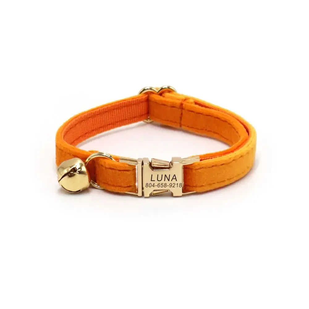 

Personalized Cat Collar with Free Engraving, Matching Pet Leash,Customzied Contacts Metal Buckle, Orange Velvet Small Pet Collar