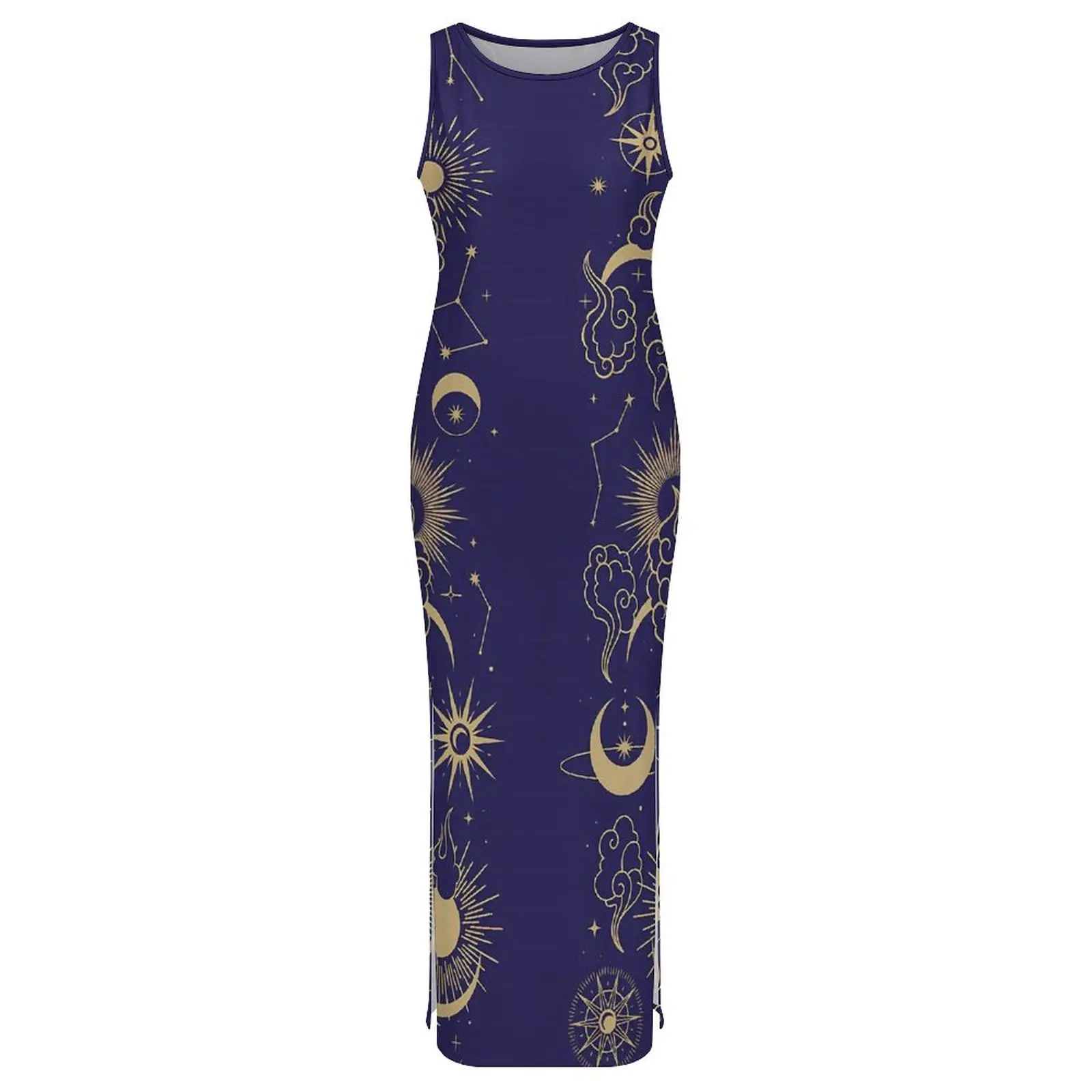 Retro Astrologie Kleid Ärmellose Himmlische Mond Street Style Maxi Kleider Elegante, Figurbetontes Kleid Frau Design Oversize Vestido