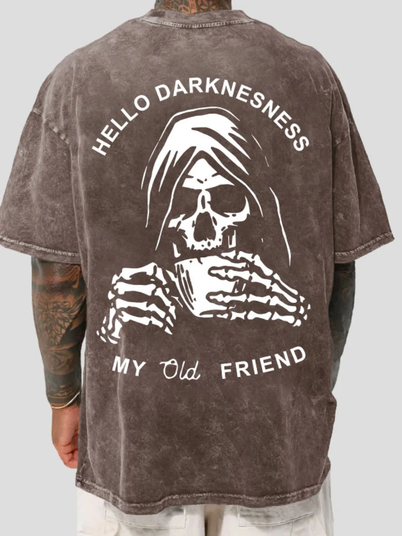 

My old friend's skull pattern printed on the back, retro washed cotton men's T-shirt, short sleeved top, streetwear