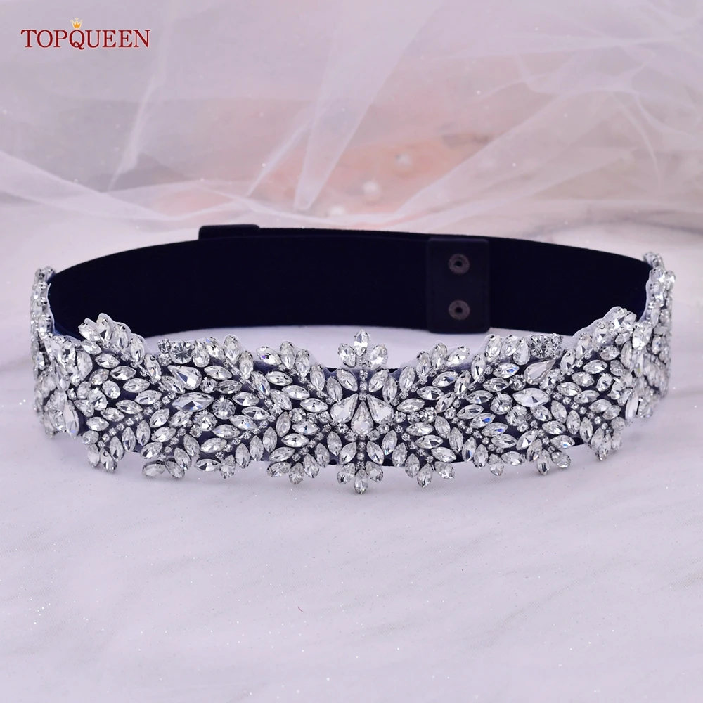 TOPQUEEN S420-B Women Black Fashion Elastic Wide Belts Adult Rhinestone Handmade Party Evening Sash Dress Gown Accessories Daily