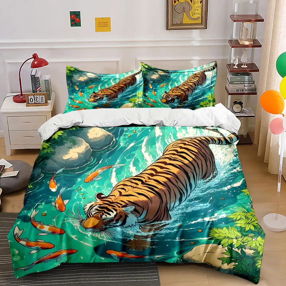 Tiger wading with koi fish Print Soft Comfortable Duvet Cover Bedding Set Included 1*Duvet Cover  2*Pillowcases Luxury gifts