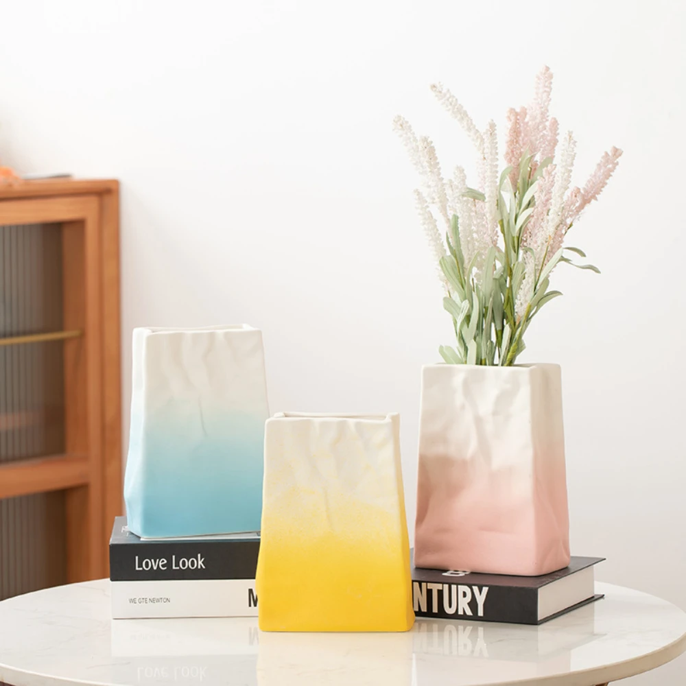 Creative Paper‑Bag Shaped Ceramic Vase Wrinkle Textured Gradient Pink‑White Matte Flower Vase Artistic Desktop Ornament