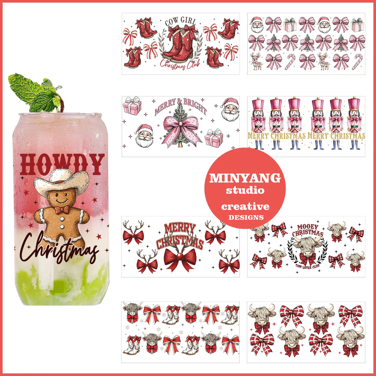 

3D Christmas stickers peel waterproof DIY Decals 3D transfers uvdtf crystal stickers 16oz uv dtf cup wraps for Libbey Glasses