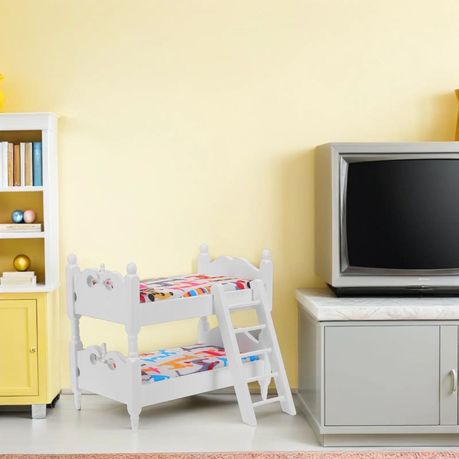 1Set Realistic Miniature Wood Bunk Bed Dollhouse Accessories Double Bed Bedding Ladder Tiny Bedroom Decoration Kids Party Decor