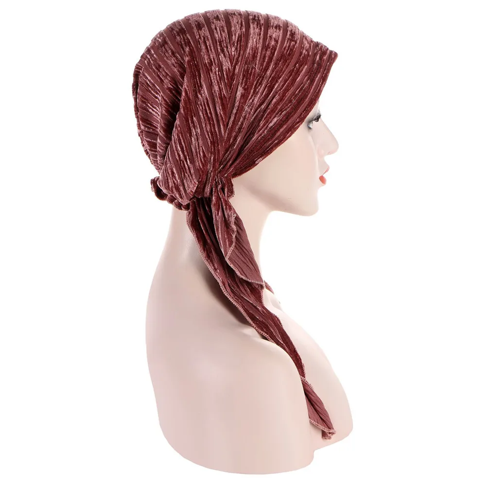 New Velvet Pre-Tied Hat Women Muslim Hijab Turban Stretch Head Scarf Wrap Chemo Cap Bonnet Hat Bandana Hair Loss Covers Headwear