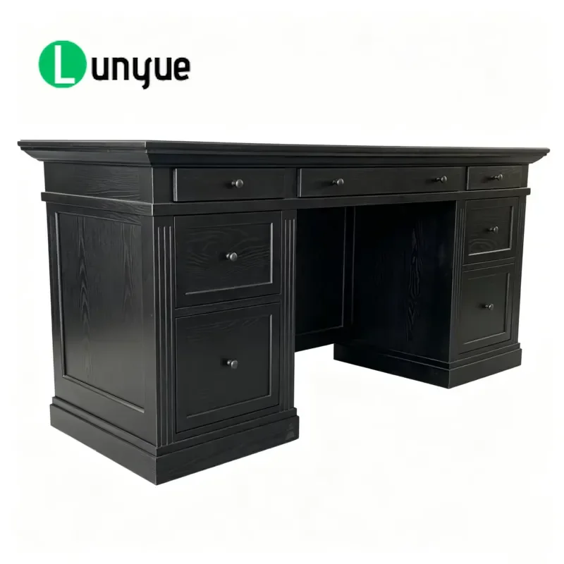 Vintage Black Solid Wood Executive Desk American Style Home Office Writing Table Sturdy Durable Furniture for Study Room