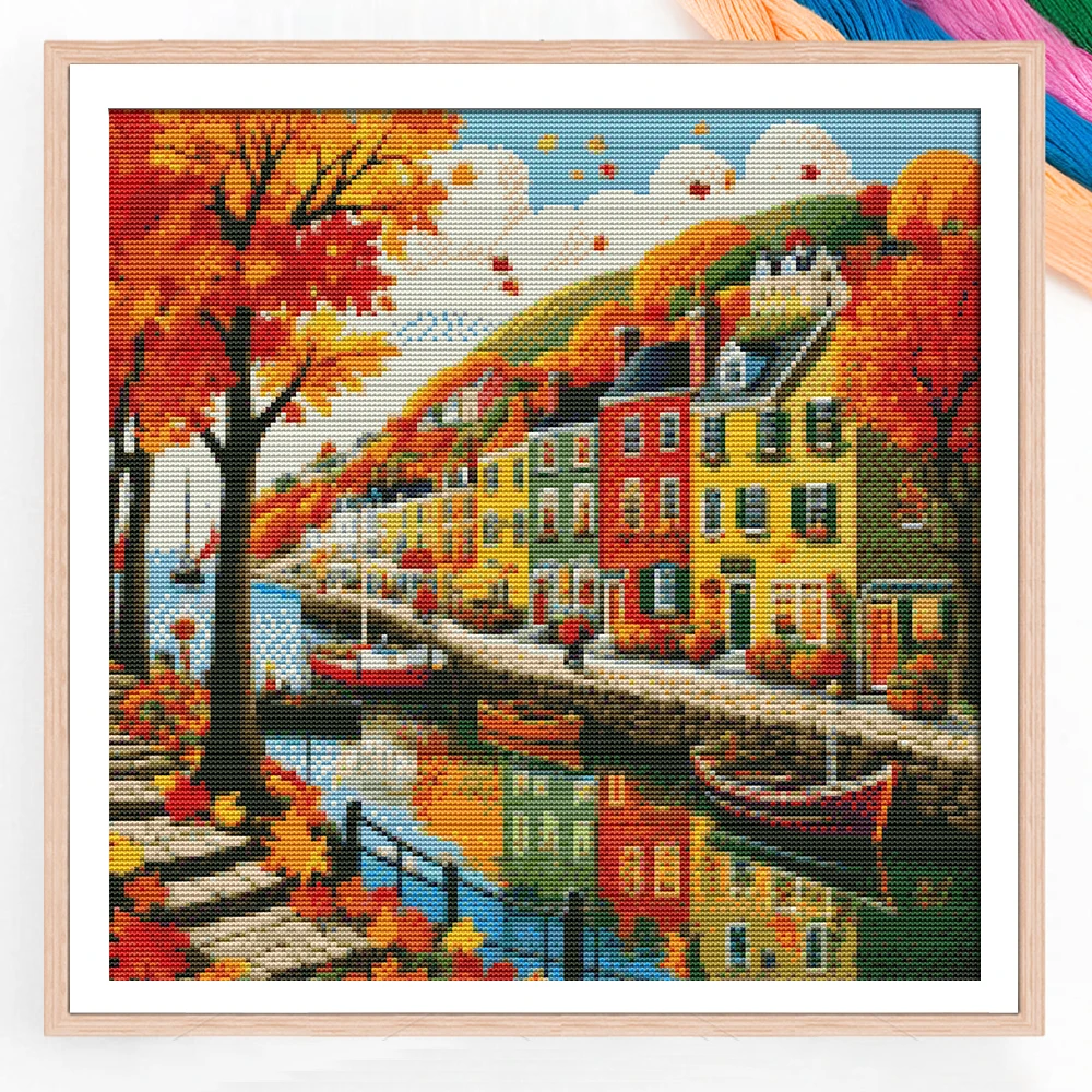 Fall City House Cross Stitch New Landscape DIY 11CT Cotton Thread Printed Embroidery Kits Home Decoration