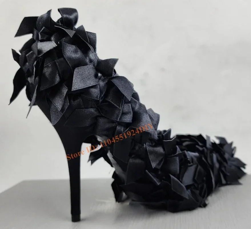 Satijnen pumps in zwart Allover strikpompen Damesschoenen met puntige neus Slip-on hoge hakken Schoenen met puntige neus Dames