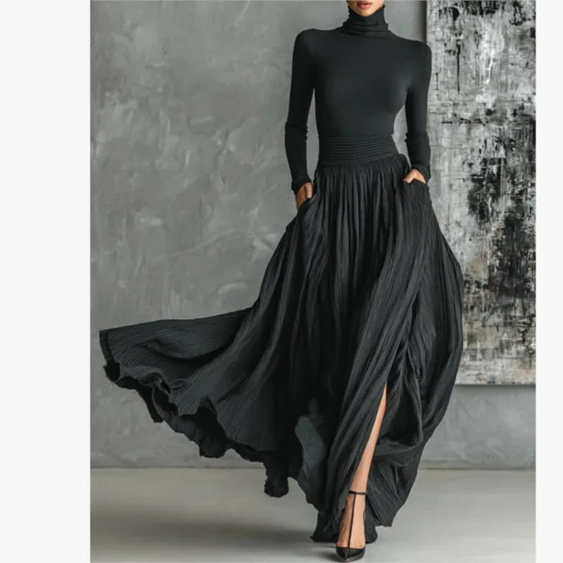 

Leaf Pleated Half Skirt With Spring Autumn Luster Irregular Large Swing Dress Casual Women's Slim Fit High Neck Ankle Long Frock