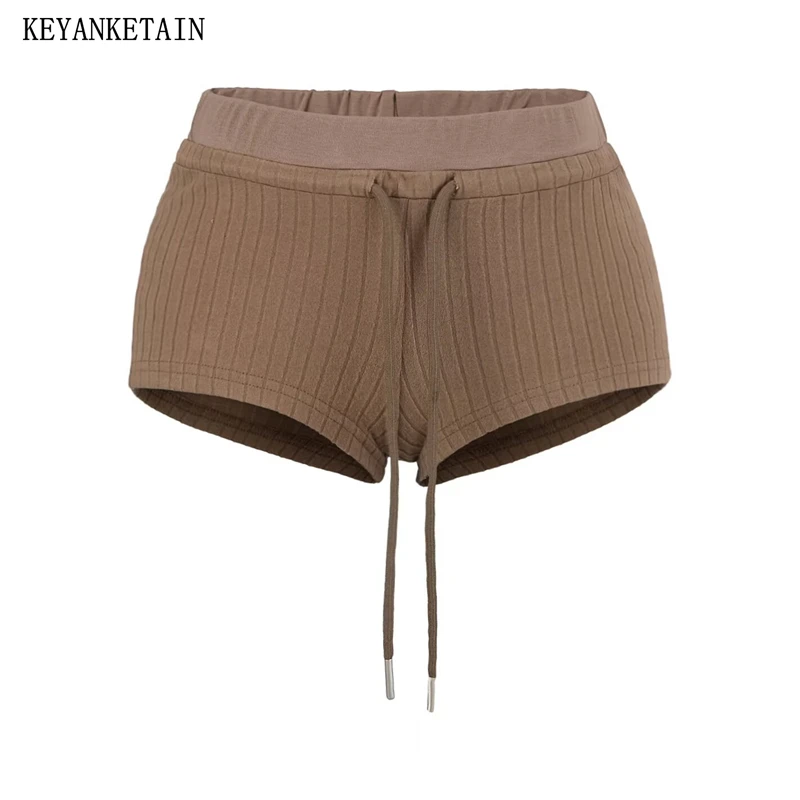 KEYANKETIAN Summer New Leisure style Solid color Knit Shorts Drawstring Lace Up Low waist Women's Thin Sheath Straight Pants