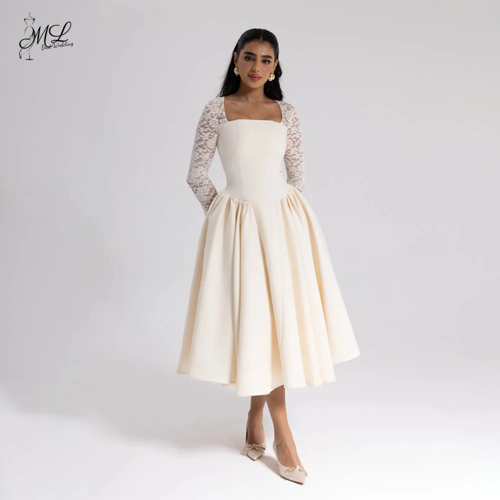 

ML Square Collar Lace Full Sleeve A-line Wedding Dress Tea-Length Bridal Gown Dresses Women's Wedding Dubai Arab Customization