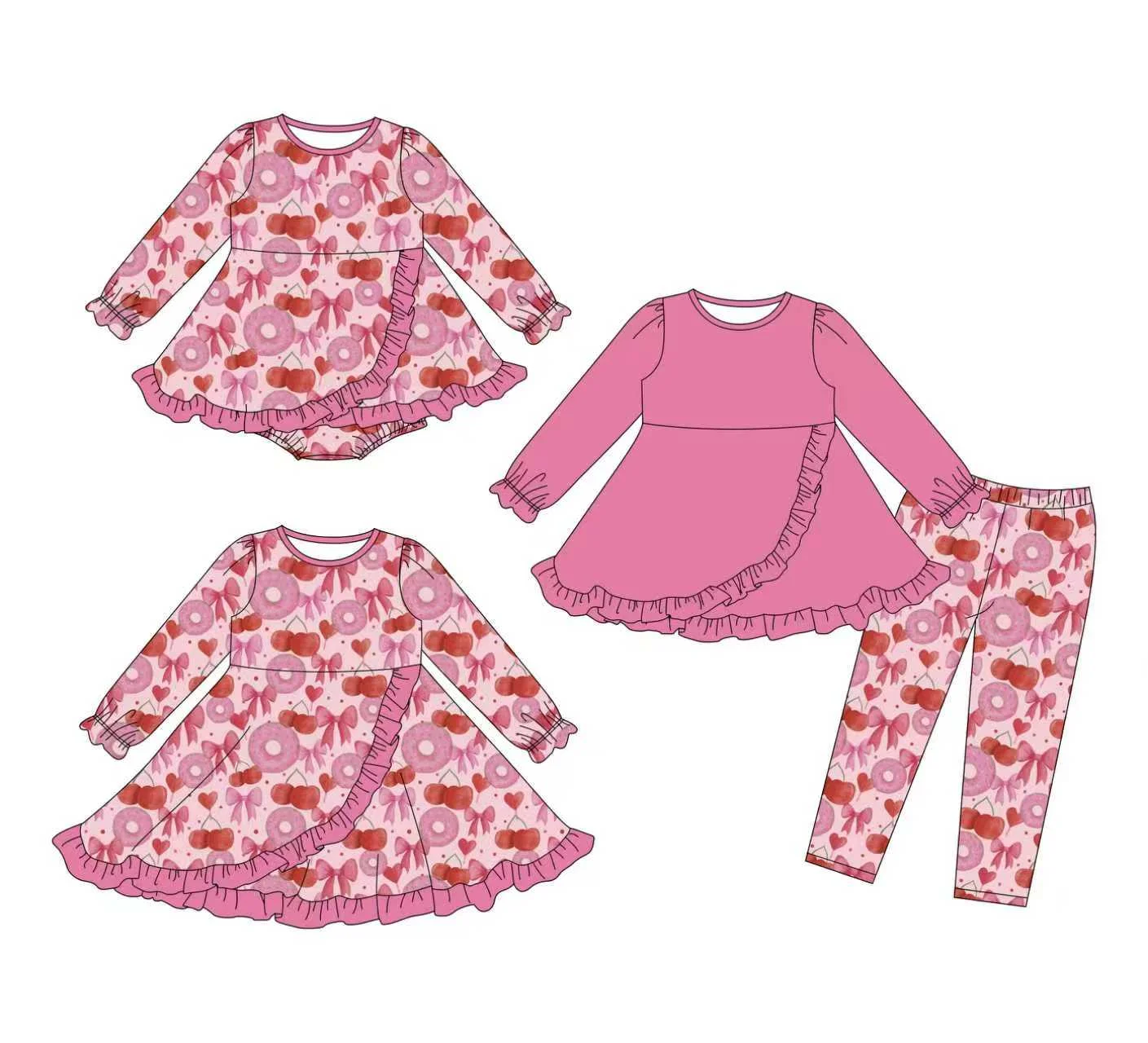 

Boutique long-sleeved ruffle dress with donut and cherry print available in 3 styles milk silk fabric custom-made and wholesale