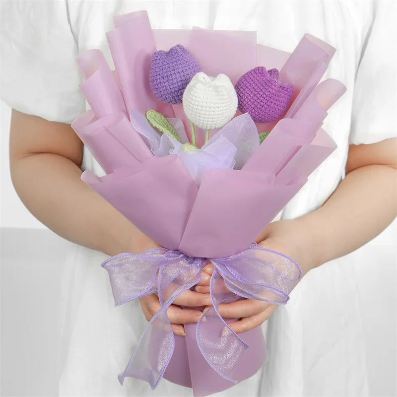 الوردي الأحمر الحب الصوف زهرة باقة الانتهاء المنسوجة يدويا محاكاة باقة الانتهاء من الصوف محبوك الأبدية زهرة زهرة التوليب H