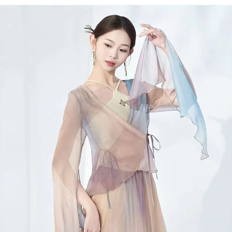 Elegante gradiente saia de balé feminino chiffon flowy longo dancewear 360-720 graus traje de dança clássica desempenho maxi saia