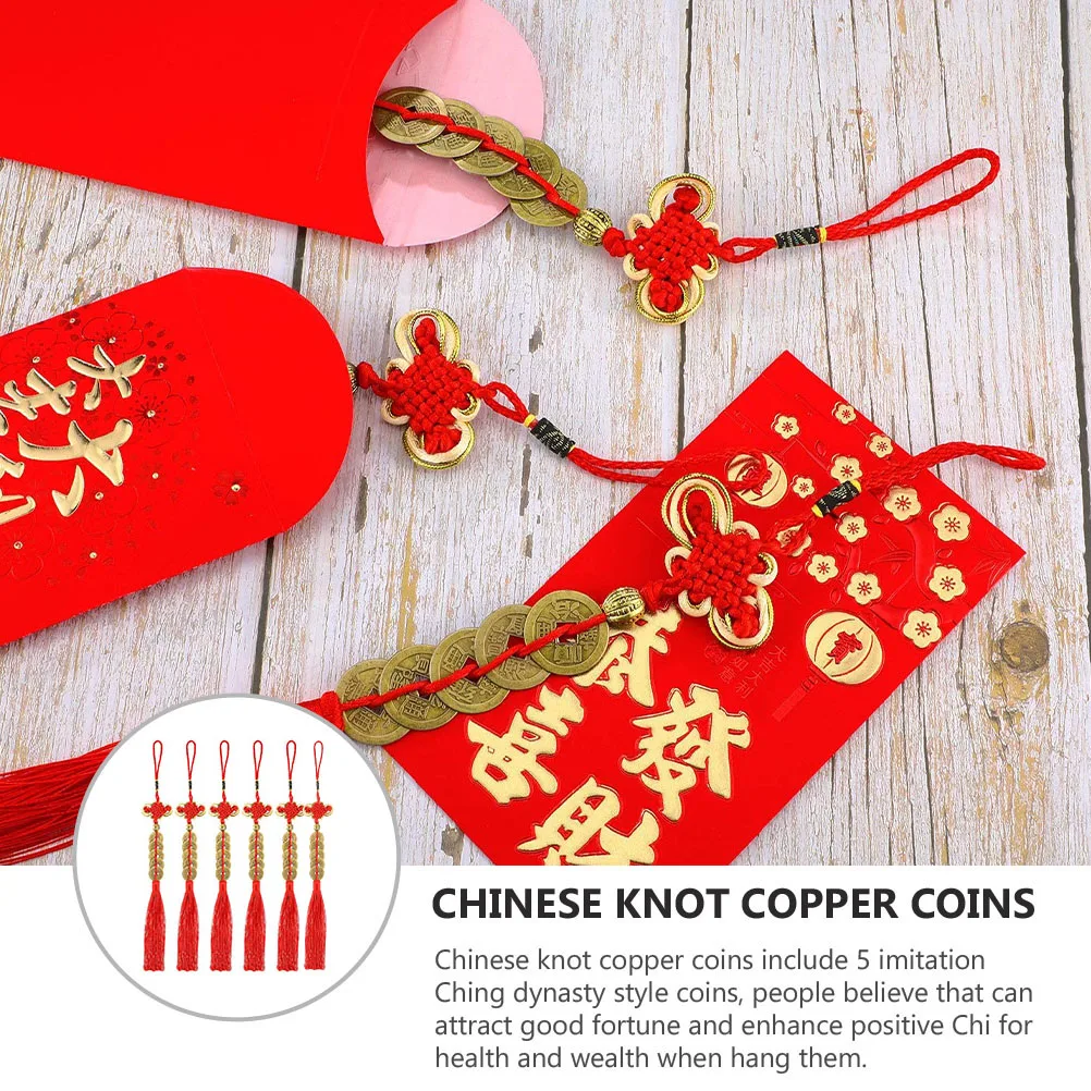 6 Pcs Money Decor Chinese Lucky Coins Knot Copper Car Home Pendant Feng Shui New Year Spring Festival Hanging