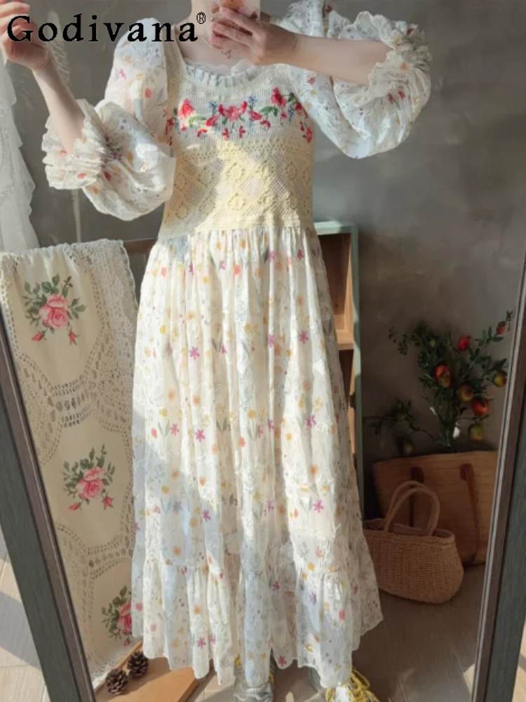 

Новое летнее платье в стиле ретро с вышивкой, вязаное, кружевное, с цветочным узором, модное, свободное, женское, с рукавами-фонариками, длинное, для праздников