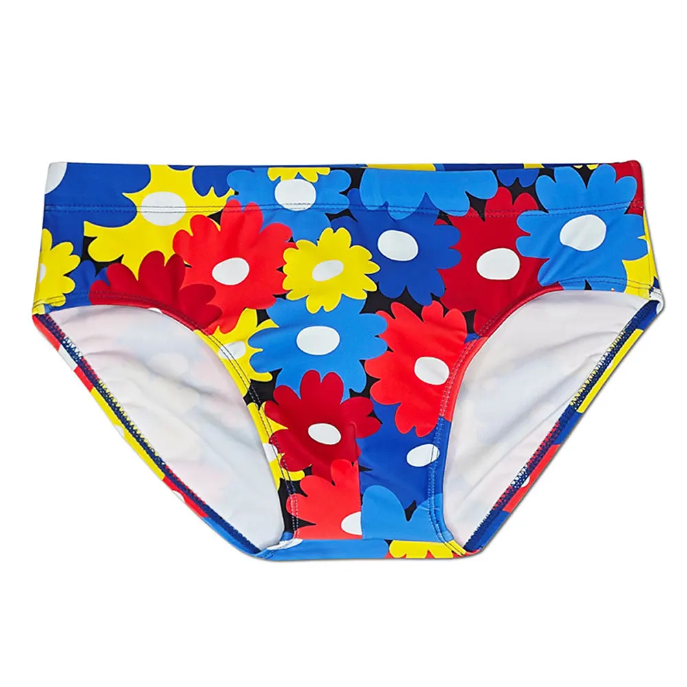 UXH New Arrival Men\'s Low-waist Drawstring Swimming Briefs Flower Printing Sexy U-convex Add Pad Tight Young Man Swimmisute