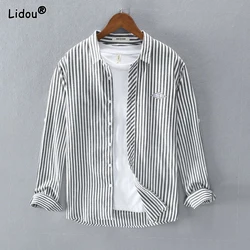 Men's Spring and Autumn New Models Square Collar Spliced Button Stripes Fashion Cardigan Casual Versatile Long Sleeved Shirt