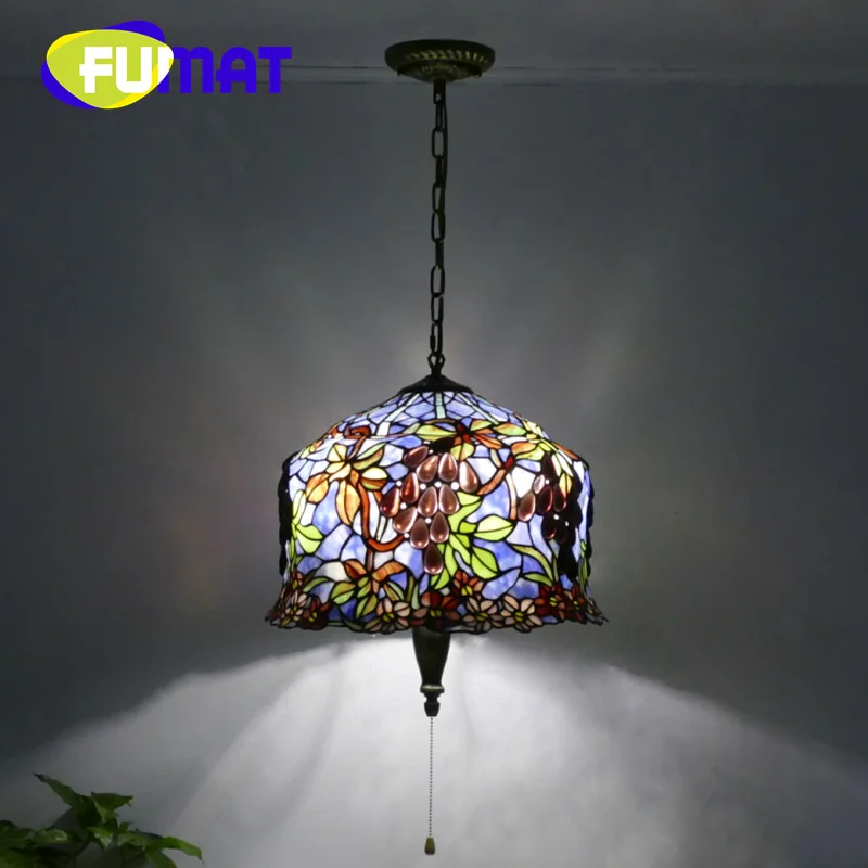 FUMAT Tiffany style Stained glass 16inch American rose Dragonfly Lotus Pendant lamp Retro dining room bedroom hallway LED decor