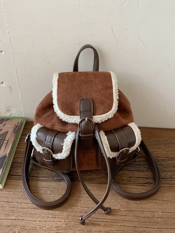 

Retro Fashion Casual Patchwork Large Capacity Plush Shoulder Bag for Commuting And Outdoor Activities Women's Backpack