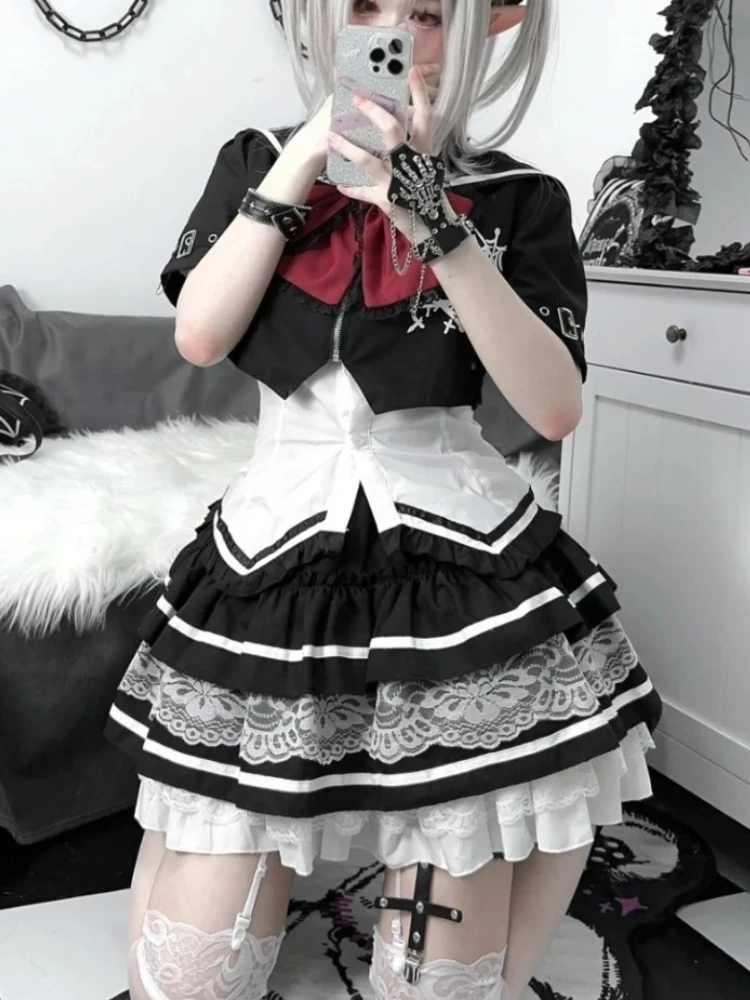 일본 달콤한 카와이 로리타 드레스 세트 여성 Y2K 미학 짧은 코트 + 레이스 미니 스커트 하라주쿠 고딕 시크 레트로 JK 의상