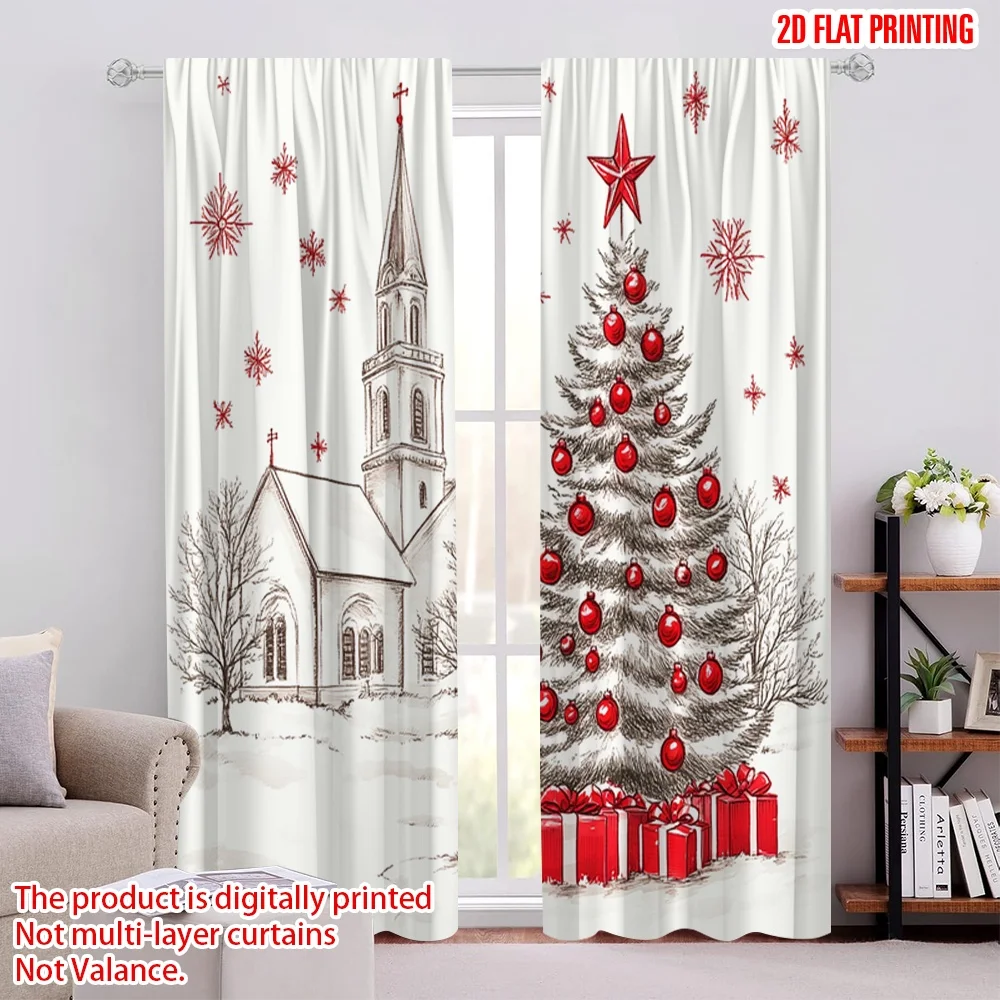 2pcs,2D plane printing Popular Curtain Panels Christmas Tree Snow Village_a (3) Versatile Polyester (without rod) Art Deco