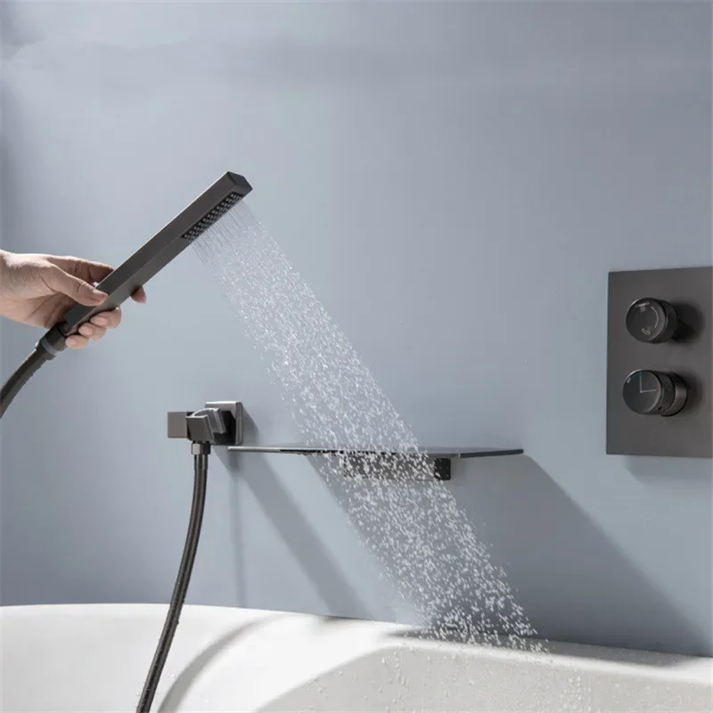 Gray Bathtub and Shower Faucet Set Brass  Waterfall  Mixer With Handheld Waterfall  Tap