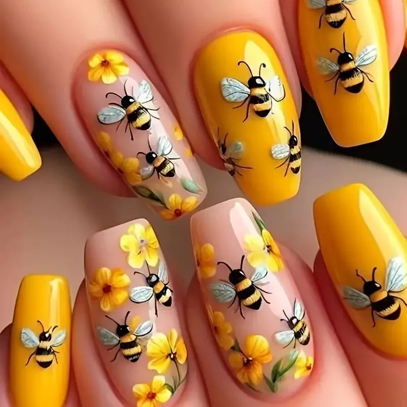 

24Pcs Mid-length Ballet Fake Nail Full Cover Yellow Cute Bee Design Art with Glue Wearable French Colorful Flowers Manicure Tips