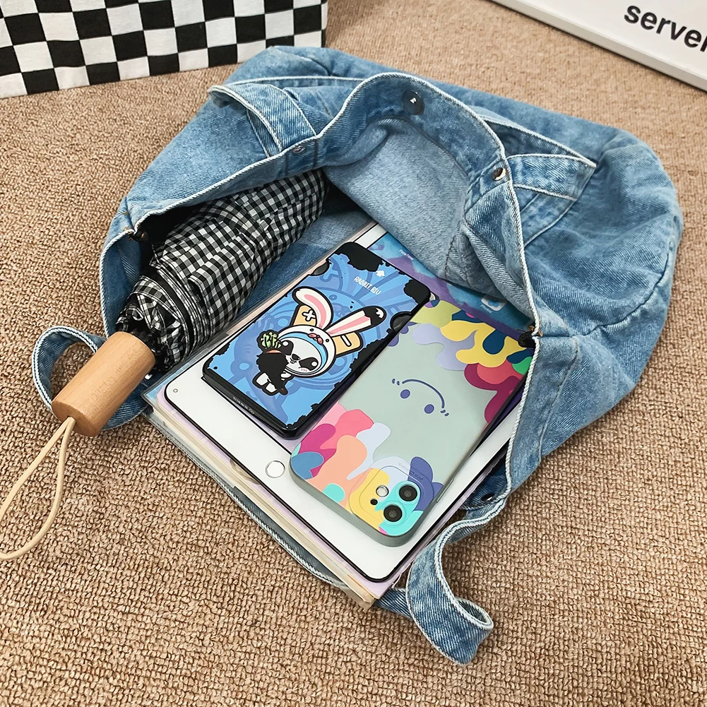 Women Vintage Shoulder Bag Large Capacity Denim Versatile Shopping Bag Solid Color for Travel Work School