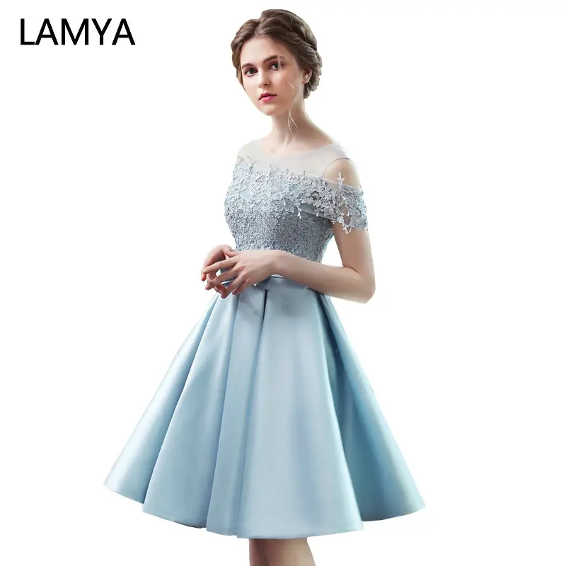 

Customized Short Satin Prom Dress Simple Lace Boat Neck Formal Evening Party Dresses Custiom Size Lace Vestido de Festa Curto