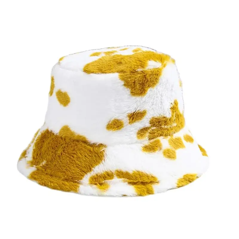 Bucket Hat Women\'s  Cow Pattern Plush Basin Hat Japanese and Korean  Versatile Lamb Wool Ear Protection Hat Cute Soft Girl