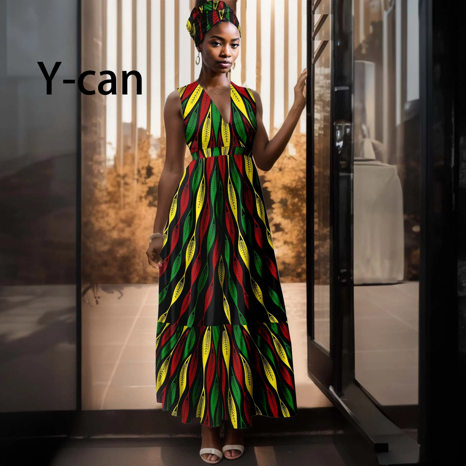 African Dresses for Women 2023 V-neck Dashiki Print Vestidos Match Headscarf Bazin Riche Lady Party Nigeria Outfits Y2325093