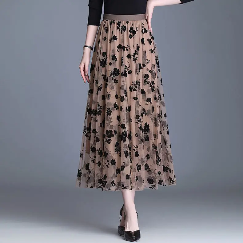 Mesh Half-length Skirt New Floral Pleated A-word Big Skirt Women Long High Waist Slim Gauze Skirt