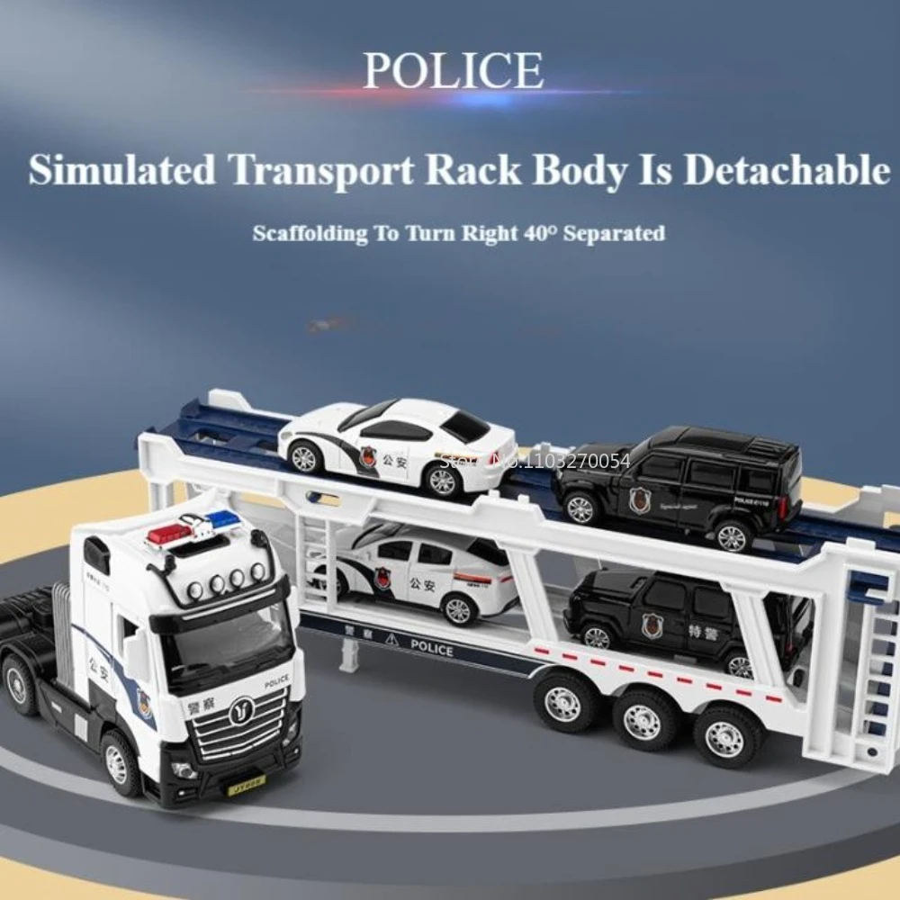 1/50 Police Trailer Car Model Alloy Diecast Toy Adjustable Multiple Joints Double-layer Frame Door Opening Sound Light Toy Gifts