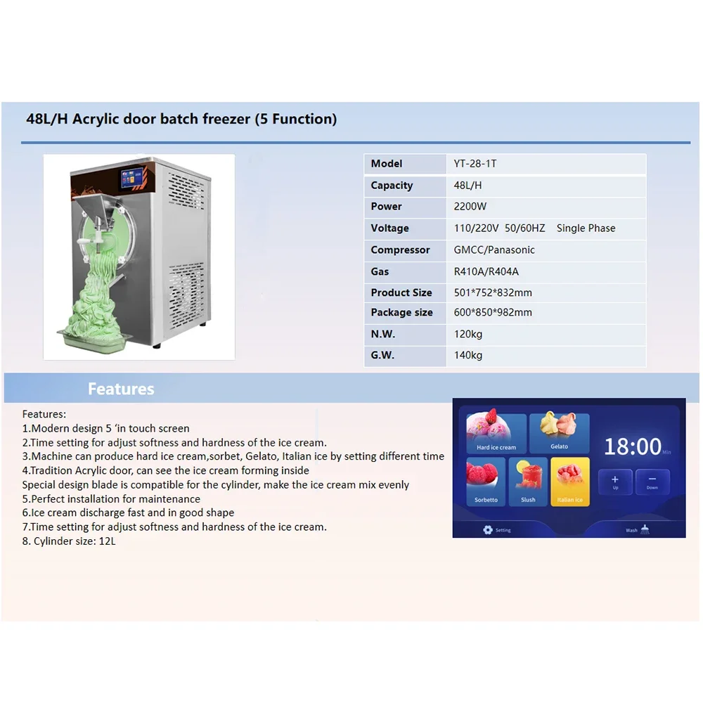 XEOLEO Commercial Adjustable Speed Hard Ice Cream Machine 48L/H Gelato Ice Cream Making Machine Freezer Ice Cream Maker