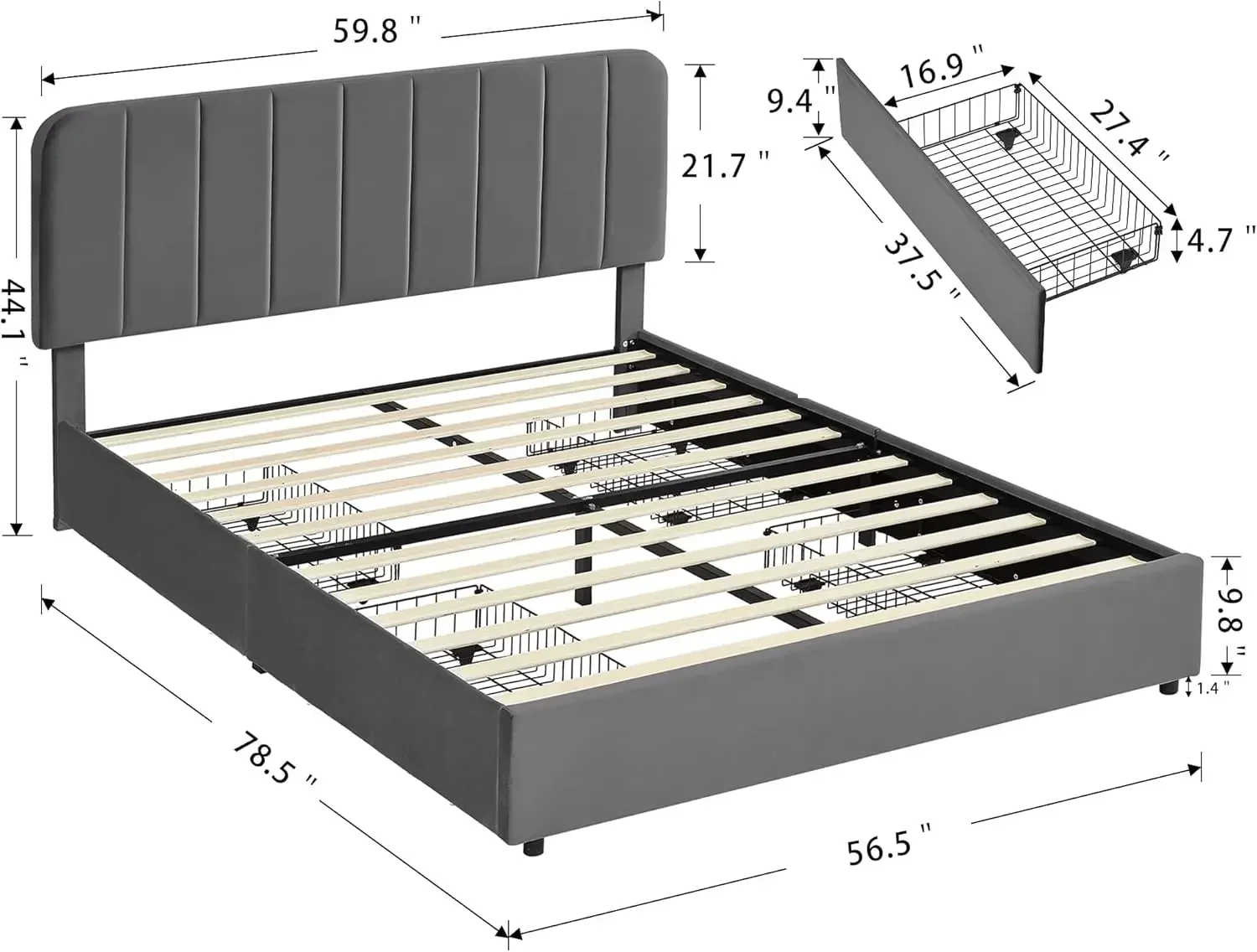 Full Size Upholstered Bed Frame with 4 Drawers and Adjustable Headboard, Velvet Platform Storage Bedframe Mattress Foundation