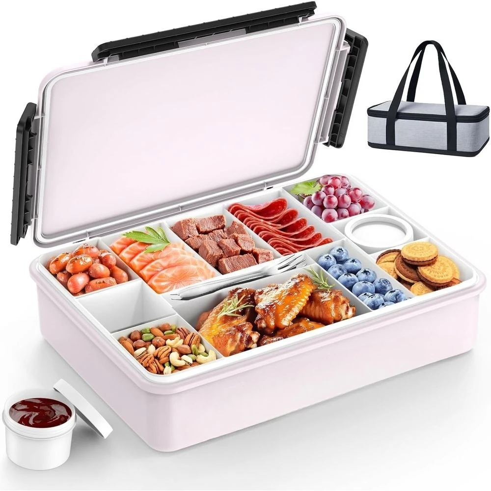Portable Snackle Box Container with Ice Pack, Divided Serving Tray with Insulated Bag or 8+ Hrs Cooling, Snack Containers for Ro
