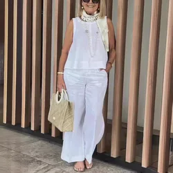 Summer Linen 2 Piece Set Women Casual Solid 2 Piece Outfit Sleeveless Blouse Tops Wide Leg Pants Suit Women Street Wear Sets