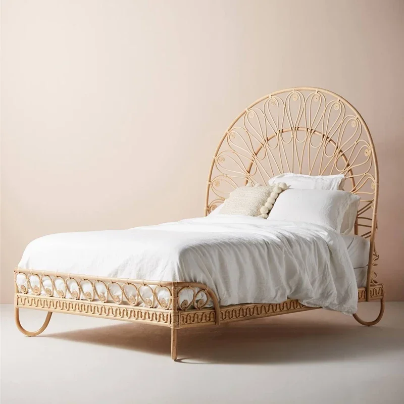 Solid wood rattan bed creative bedroom natural Indonesian rattan bed ins B&B hotel online celebrity double bed