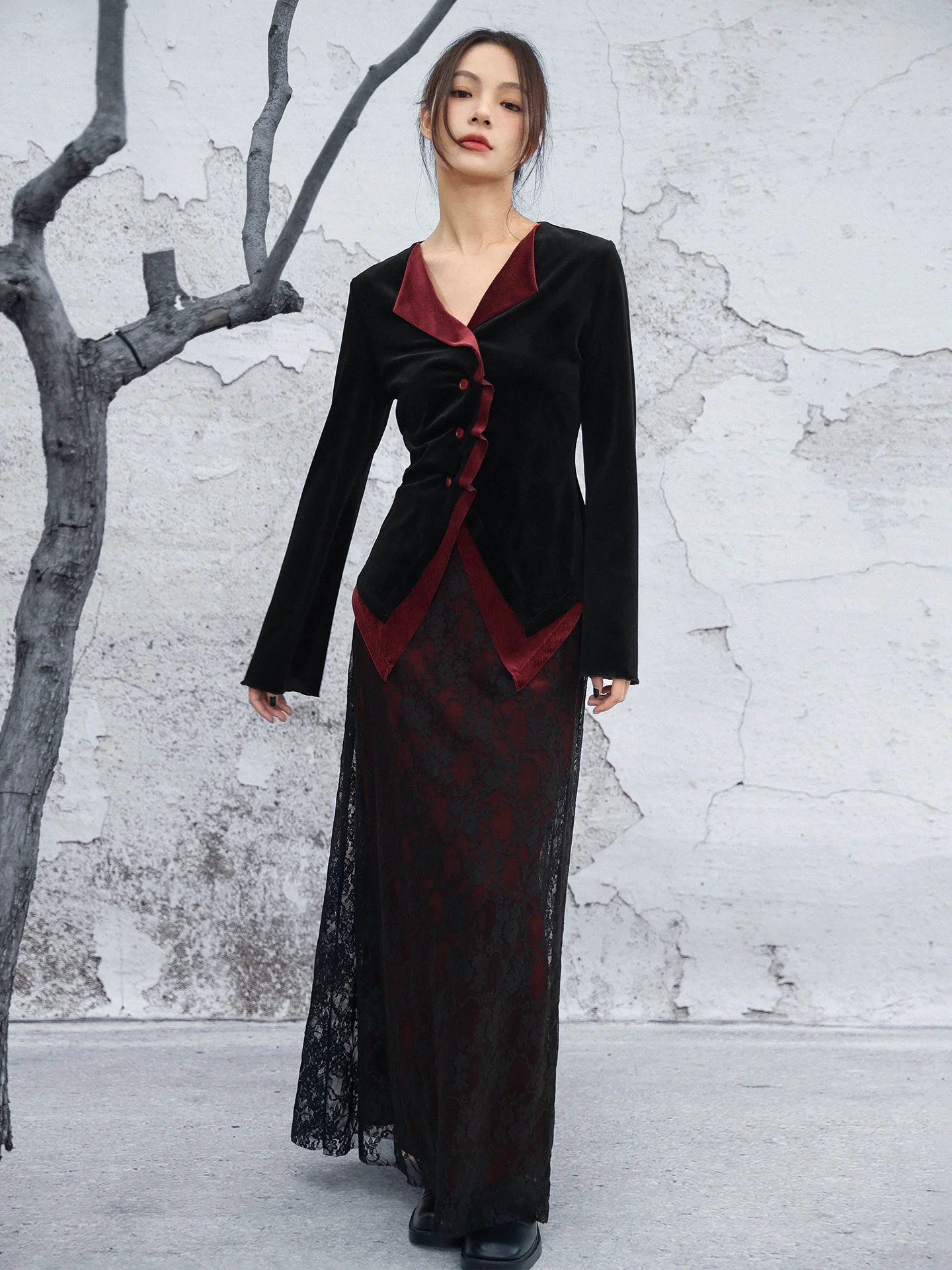 

Retro Red And Bla Color Colion Lace f Skirt Women's Spring New Hip Conceal Slim Long Skirt High Waist A-Line Skirt