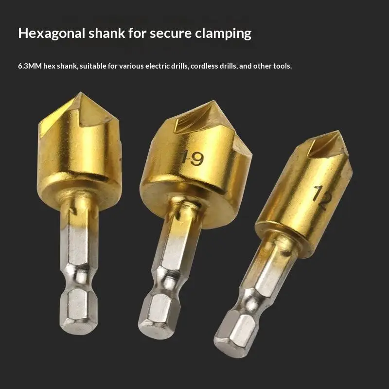 3/6Pcs Titanium Coated 5 Flute Countersink Drill Bit Set High Hardness Steel for Precision Hole Making Wood Metal Plastic