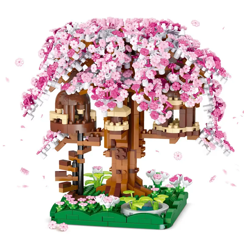 DIY Creative Mini Building Block Decoration Cherry Tree House Forest Wooden Castle Model Assembly Toy Romantic Gift for Girls