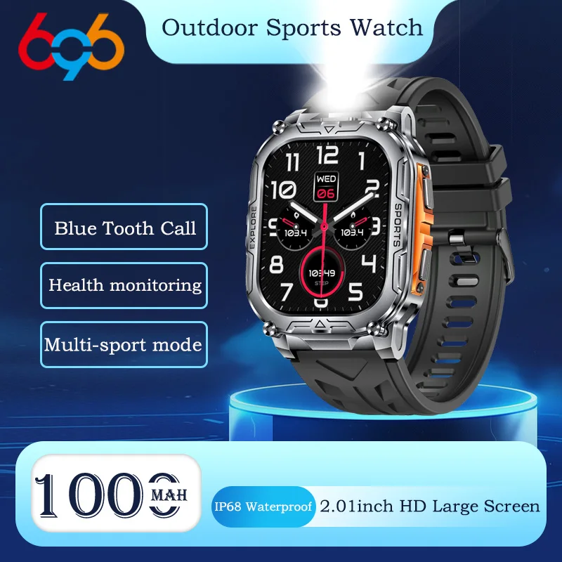 

Information Reminder Outdoor Sport Smart Watch 1000Mah Battery Blue Tooth Call Health Waterproof LED Flashlight Music Smartwatch