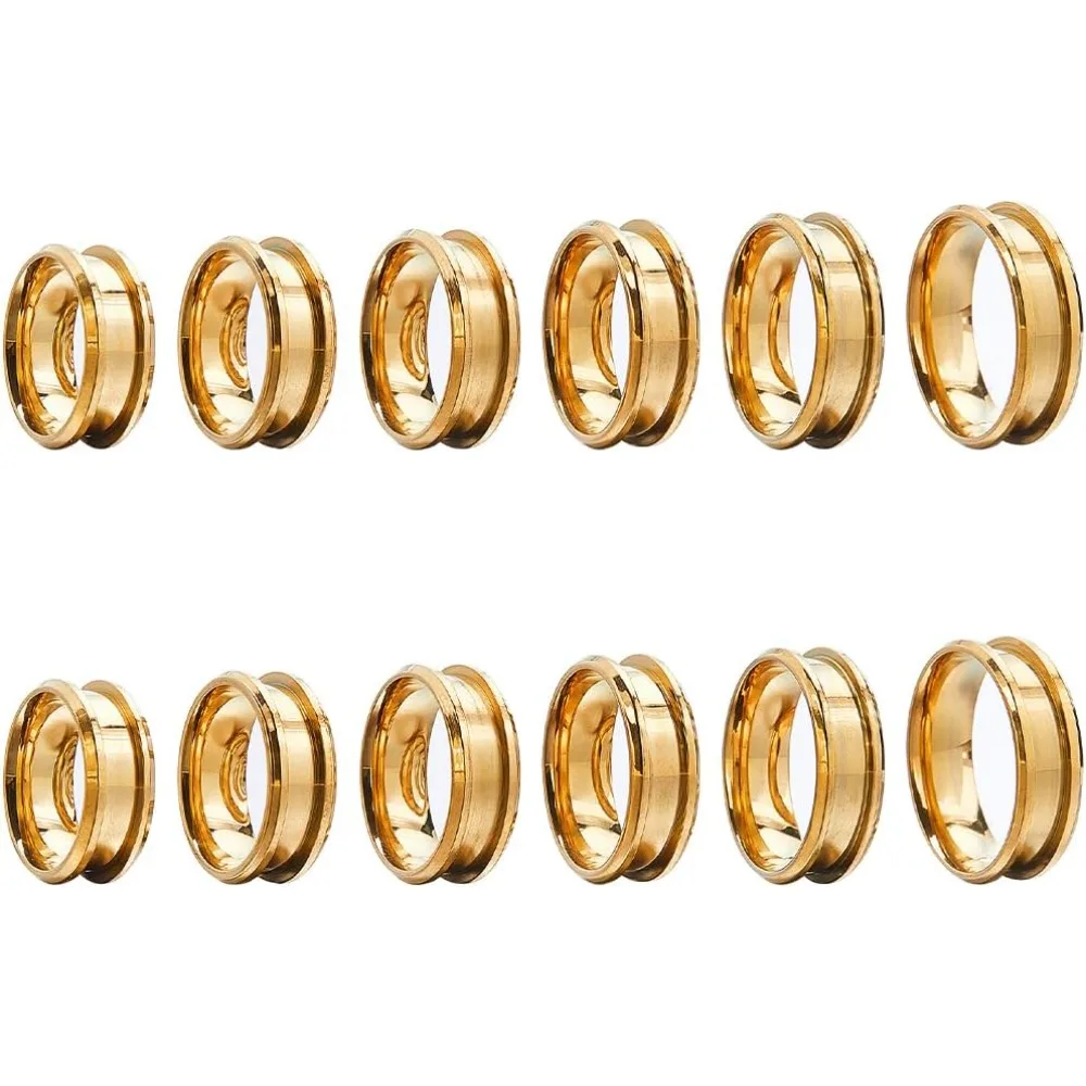 12pçs núcleos de anel ranhurado, espaços em branco de aço inoxidável dourado, tamanho dos eua 7/8/9/10/11/12, kit de fabricação de dedo