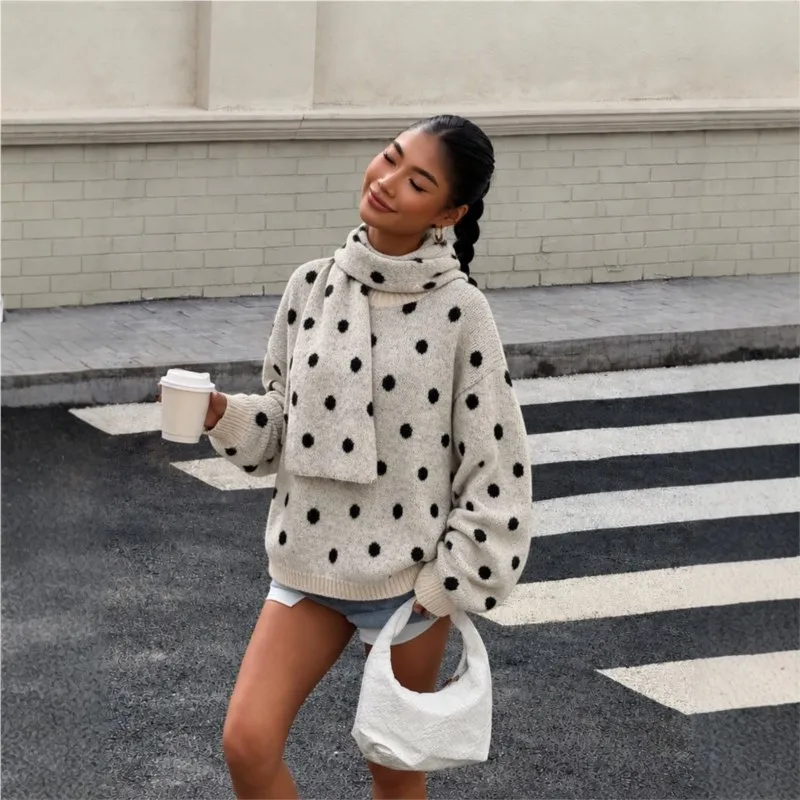 MsChuh Comfortable Women's Jumper All-match Loose Simple Style Sweater Pulls Femme Fashionable Two Piece Outfits Woman Polka Dot