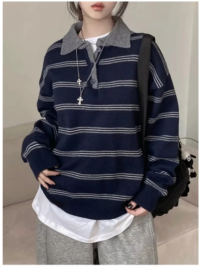 Retro Striped Lazy Style Women's Knitwear Long Sleeve Collar Loose Fit Autumn New Arrival Korean Fashion Thickened Winter