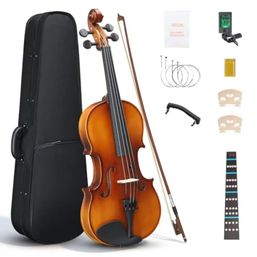 

4/4 Solid Wood Acoustic Violin Full Size Set for Beginners Adults Handmade Starter Kit with Bow Rosin Bridge Shoulder Rest Extr
