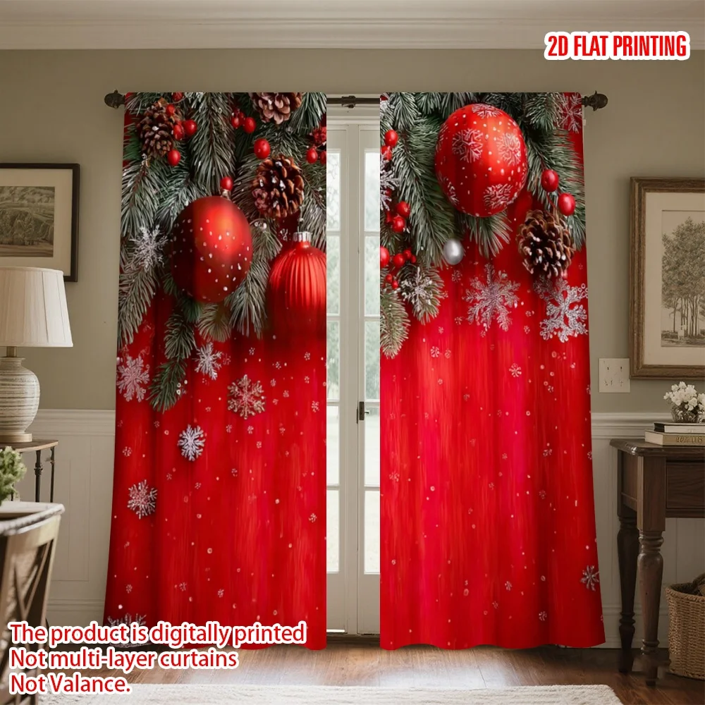 2pcs 2D flat printing Party Curtains Christmas pine needles Christmas balls Digital Printed Polyester Drapes Seasonal Party &