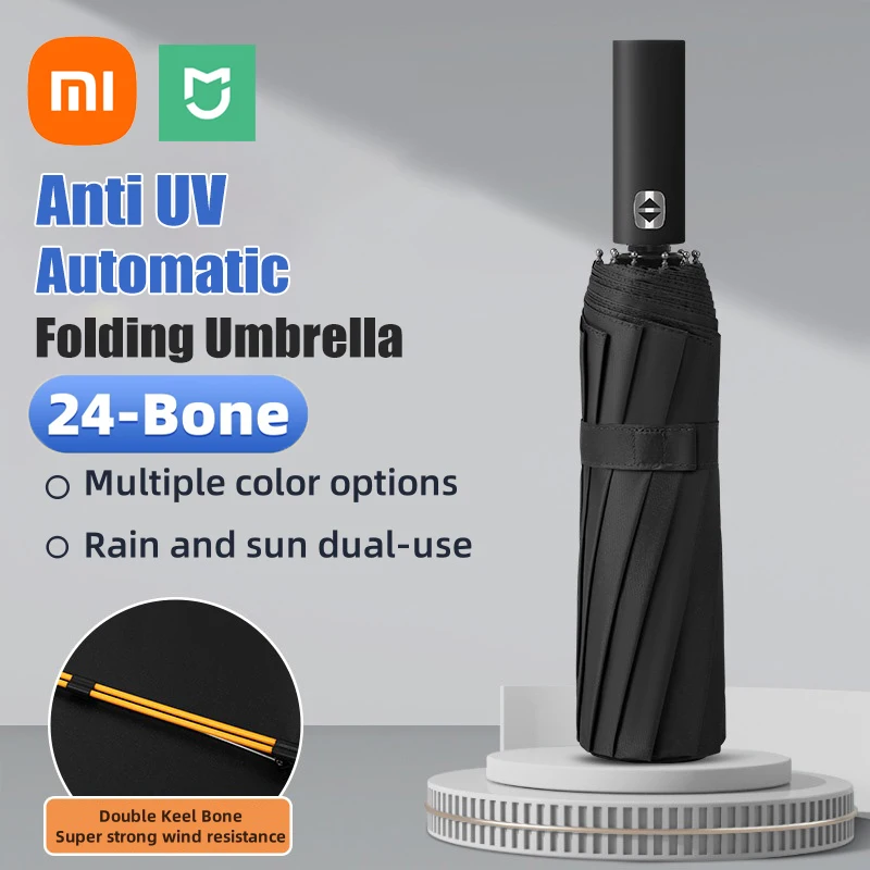 Xiaomi-24 Bone cor sólida guarda-chuva automático, luz dobrável, grande formato, pára-sol ao ar livre, proteção UV