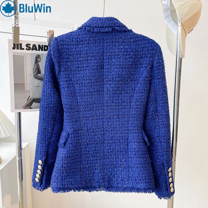 BluWin Women’s Royal Blue Tweed Blazer Double-Breasted Gold Buttons Slim Fit Notched Lapel Chic Office Suit Jacket